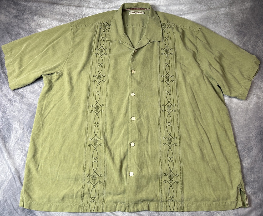 Tommy Bahama Shirt Mens Big 3XB Green Silk Embroidered Short Sleeve Button